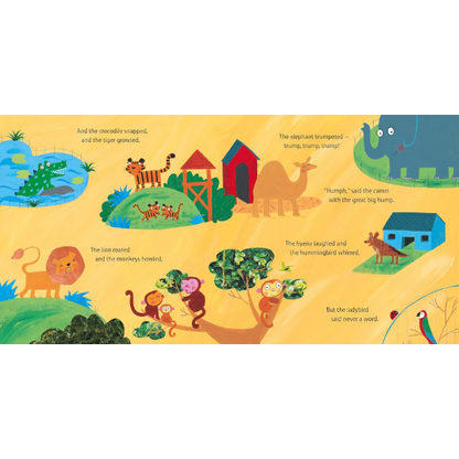 Illustrated children's book page with various animals and objects on a yellow background