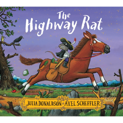 Book cover of 'The Highway Rat' with a rat on a horse against a purple sky.