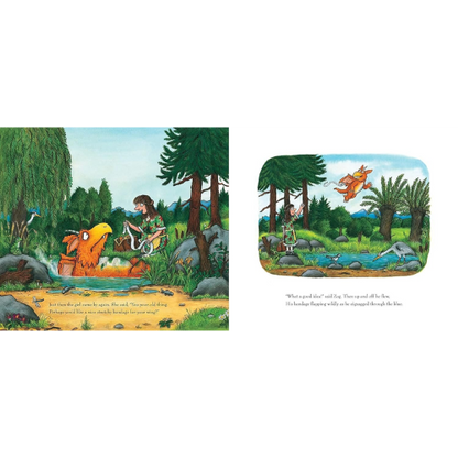 Illustrated book pages with a forest scene and characters interacting.