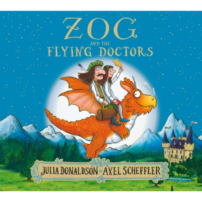 Book cover of 'Zog and the Flying Doctors' with a dragon and two characters against a blue sky.