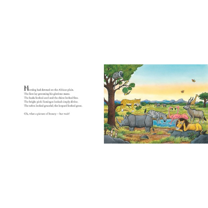 Illustration of a savanna scene with animals and text on a white background
