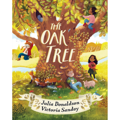 Book cover of 'The Oak Tree' with children and animals around a large tree.