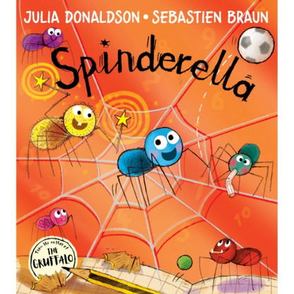 Book cover of 'Spinderella' with colorful spiders on an orange background