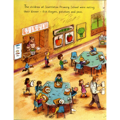 Illustration of children eating dinner at a school cafeteria.