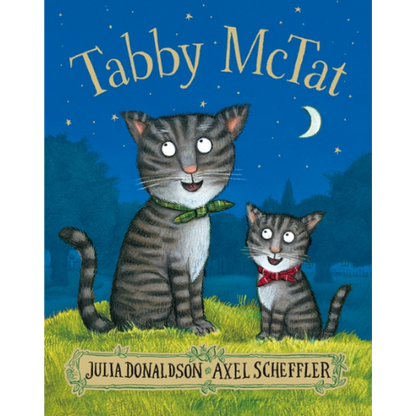 Book cover of 'Tabby McTat' with two cats sitting on grass against a night sky.