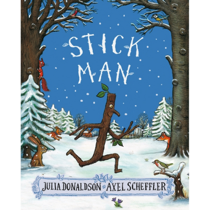 Book cover of 'Stick Man' with a stick figure running through a snowy landscape.