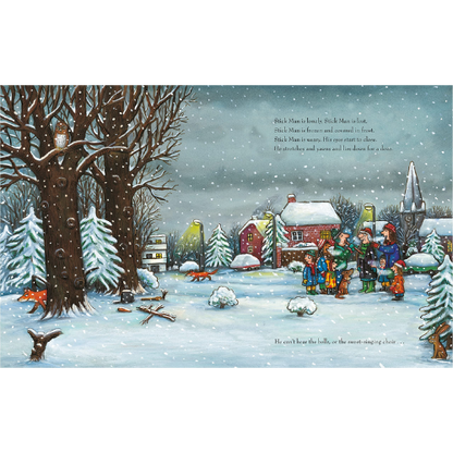Illustration of a snowy village scene with people and animals, featuring text.