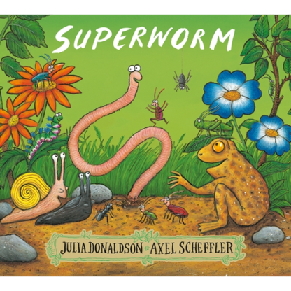 Book cover of 'Superworm' with illustrations of a worm, frog, snail, and other insects on a green background.