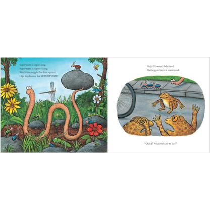 Illustrations from a children's book showing a garden scene with worms and a car with frogs inside.