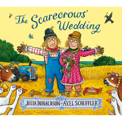 Book cover of 'The Scarecrows' Wedding' with two scarecrows and farm animals.