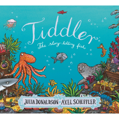Book cover of 'Tiddler: The Story-Telling Fish' with underwater scene and characters.