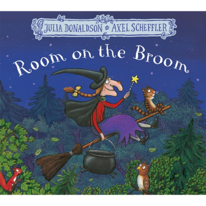 Book cover of 'Room on the Broom' with a witch and cat on a broomstick against a night sky.