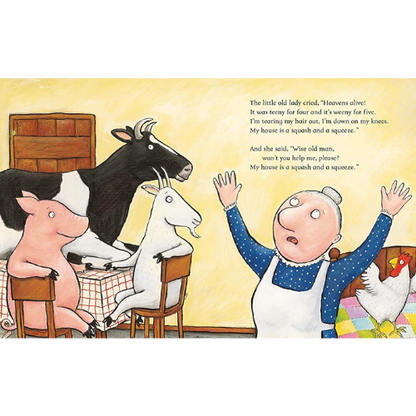 Illustration from a children's book with farm animals and a lady in a kitchen.