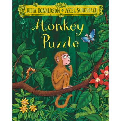 Book cover of 'Monkey Puzzle' with a monkey on a branch and jungle elements.