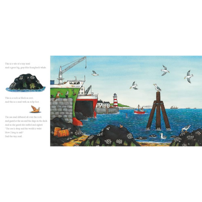 Illustration of a coastal scene with boats, cranes, and birds.