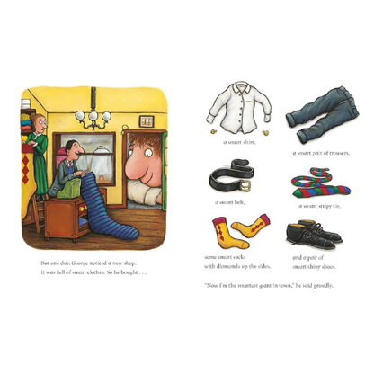 Illustration from a children's book showing a giant shopping for smart clothes.