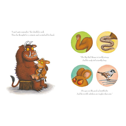 Illustration from a children's book featuring the Gruffalo and other animals on a white background.
