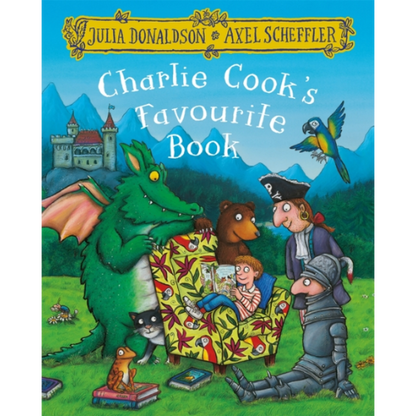 Book cover of 'Charlie Cook's Favourite Book' with colorful illustrations and characters.