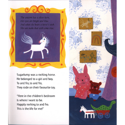 Illustrated book page with a unicorn, rabbit, and teddy bear in a children's room.