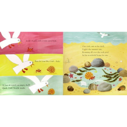 Illustrated book page with a bird, crab, and pool scene on a white background