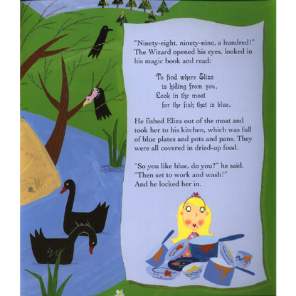 Illustrated page from a children's book with text and characters near a river.