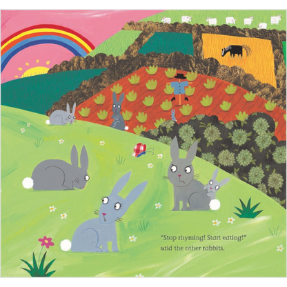 Illustration of rabbits in a colorful landscape with a rainbow and a house.