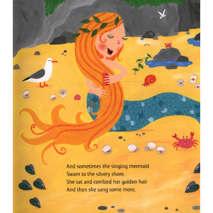 Illustration of a mermaid with long orange hair on a yellow beach with text.