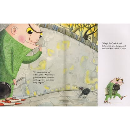 Illustration from a children's book with a character in a green outfit and a spider.