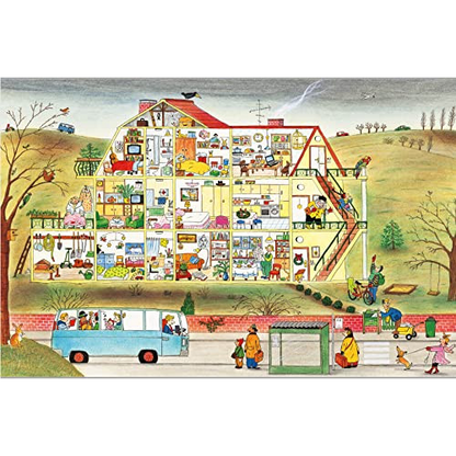 Illustration of a house with various rooms labeled, surrounded by people and activities.