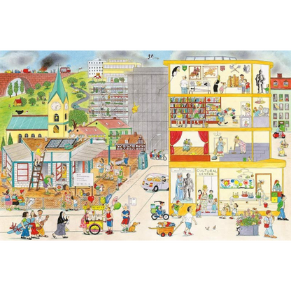 Illustration of a city scene with various buildings and people going about their daily activities.