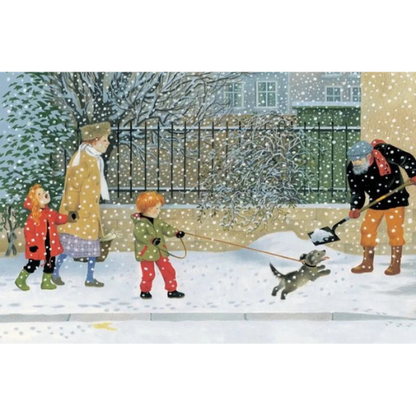 Winter scene with people and a dog in a snowy yard