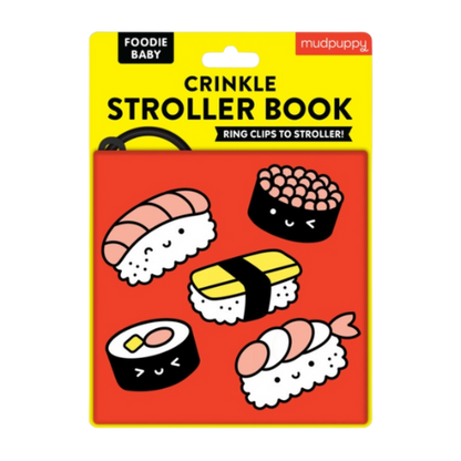 Crumple book packaging with sushi illustrations on a red and yellow background