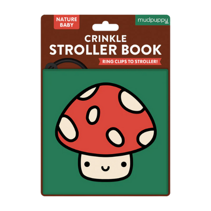 Mushroom-themed crinkle stroller book packaging with Mudpuppy branding