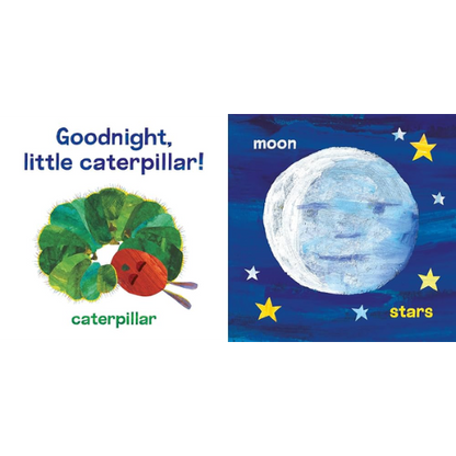 Children's book cover with a caterpillar and moon illustration on a white background