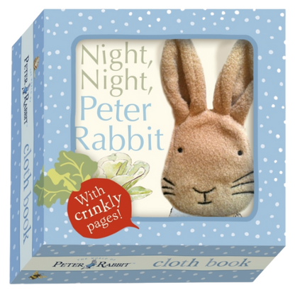 Peter Rabbit cloth book with crinkly pages in a blue polka dot box