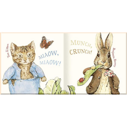Illustration of a cat and a rabbit from a children's book, with text and graphics.