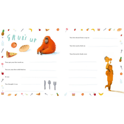 Children's book page with an orangutan character and food illustrations on a white background.