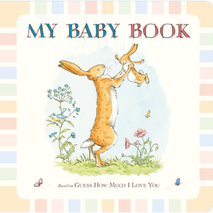 Book cover of 'My Baby Book' with a rabbit illustration on a pastel striped background