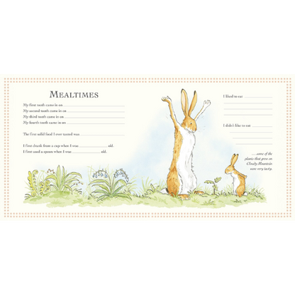 Children's book page with a rabbit illustration and text about mealtimes.