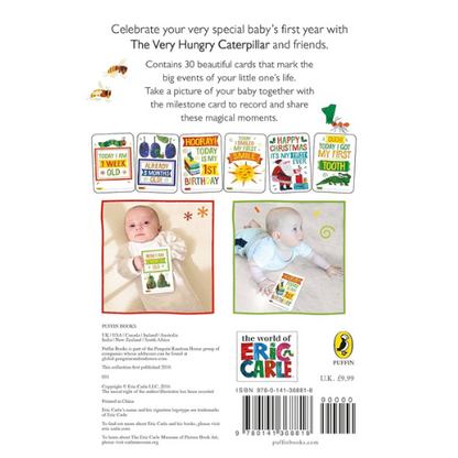 Back cover of a baby milestone card set with illustrations and text, featuring The Very Hungry Caterpillar characters.