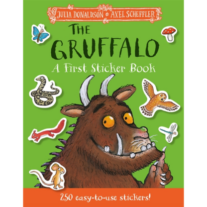 Book cover of 'The Gruffalo: A First Sticker Book' with stickers on a green background