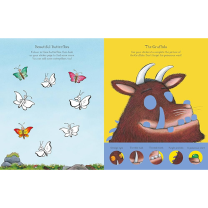 Illustrated book page with butterflies and a gruffalo on a blue and yellow background