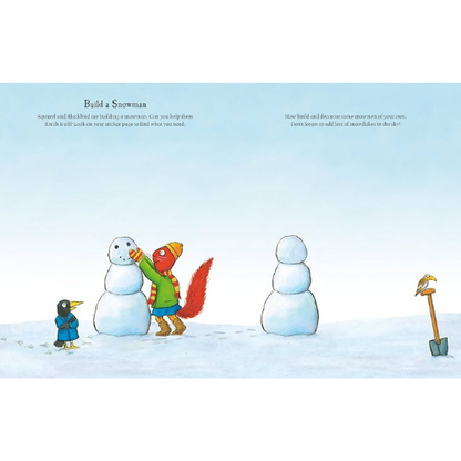 Illustration of children building a snowman with text on a snowy background