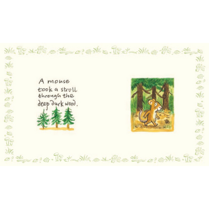 Illustration of a mouse in a forest with text on a decorative border.