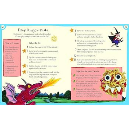Colorful children's recipe card for 'Fiery Dragon Pasta' with illustrations and text.