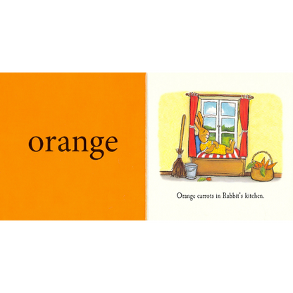 Illustration of a rabbit in a kitchen with carrots, labeled 'orange'.