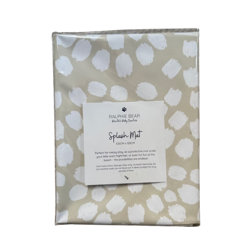 Ralphie Bear splash mat with white abstract pattern on a beige background