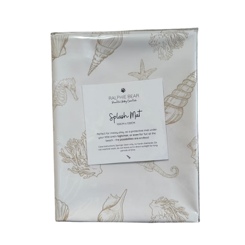 Ralphie Bear Splash Mat with shell pattern and product label on a white background