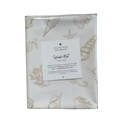 Ralphie Bear Splash Mat with shell pattern and product label on a white background