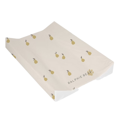 Baby changing pad with gold bear pattern and 'Ralphie Bear' branding on a white background